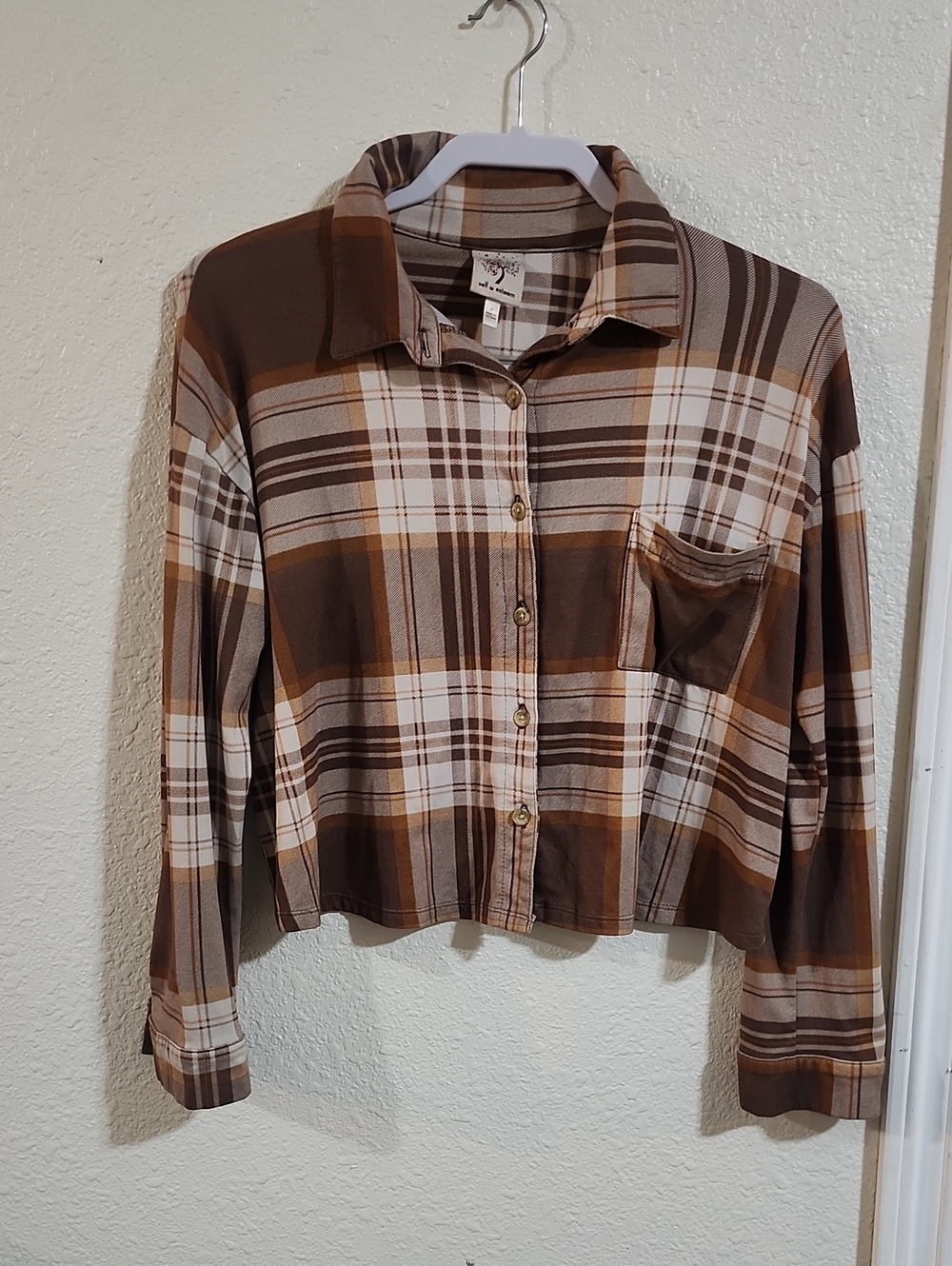 Self Esteem Brown and Cream Plaid Button-Front Cropped Shirt